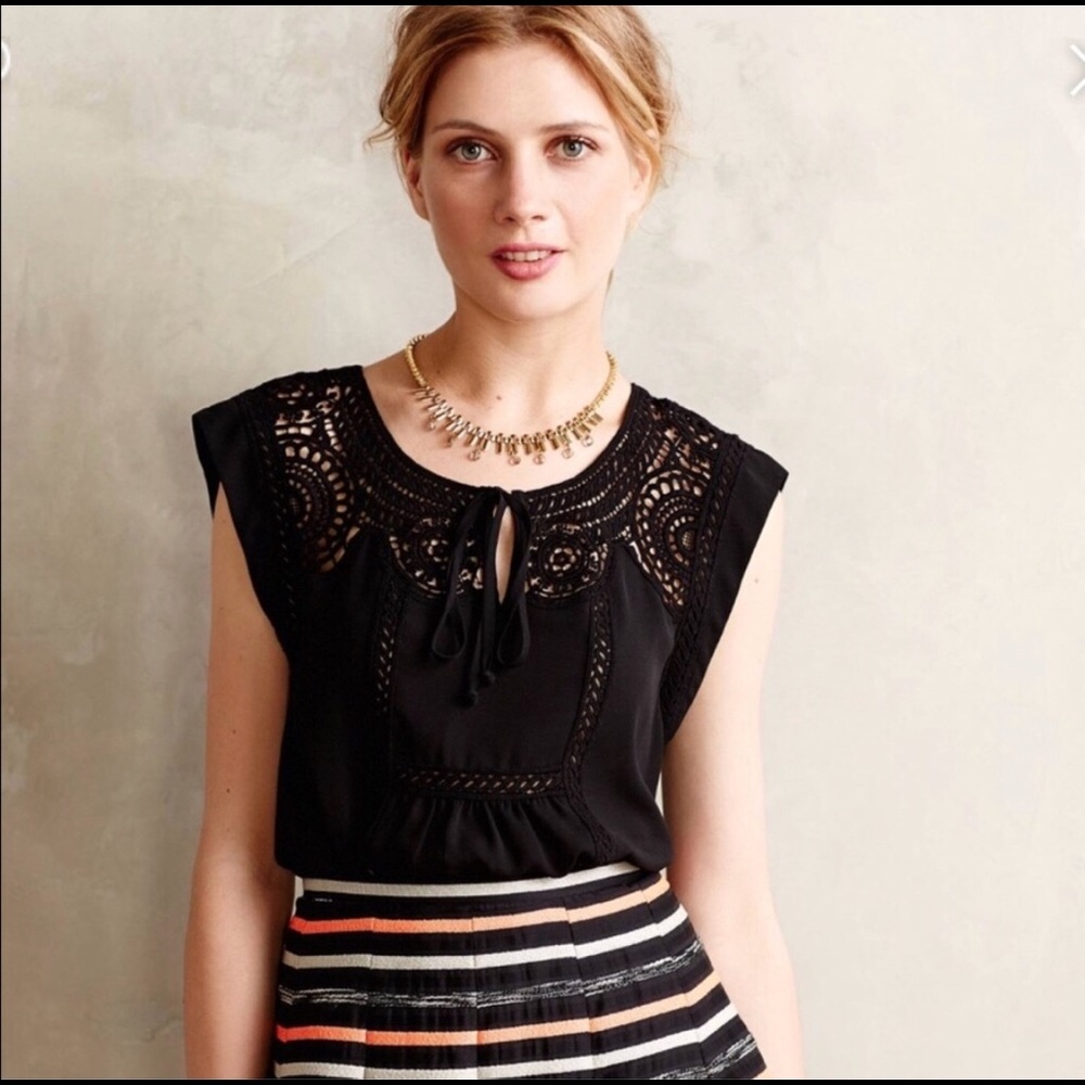 Anthro Meadow Rue Black Embroidered Lace Blouse